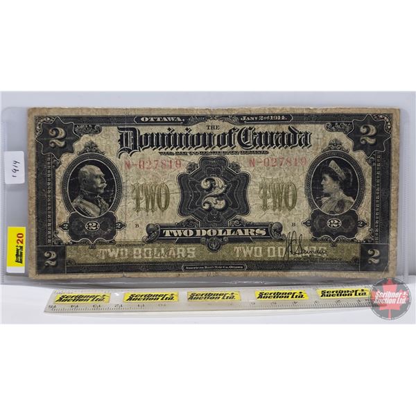 Dominion of Canada $2 Bill 1914 : "B" Series : Saunders #N-027819 (See Pictures for Varieties, Condi