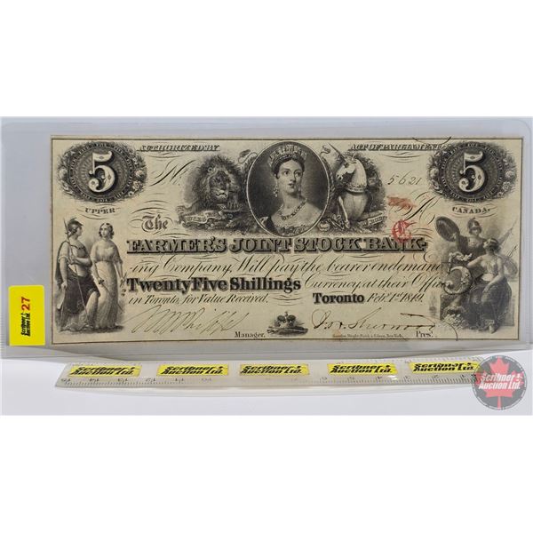 The Farmers Joint Stock Bank 1849 $5 Bill / Twenty Five Shillings #5621 (See Pictures for Varieties,