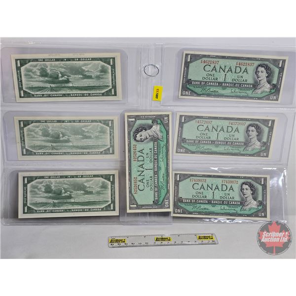 Canada $1 Bills 1954 (7) : - Beattie/Rasminsky #FZ2526452 - Beattie/Rasminsky #DY5456907 - Lawson/Bo