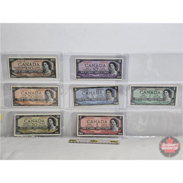 Canada Bills 1954 (7) : - $100 Bill : Beattie/Rasminsky #BJ0365055 - $50 Bill : Beattie/Rasminsky #B