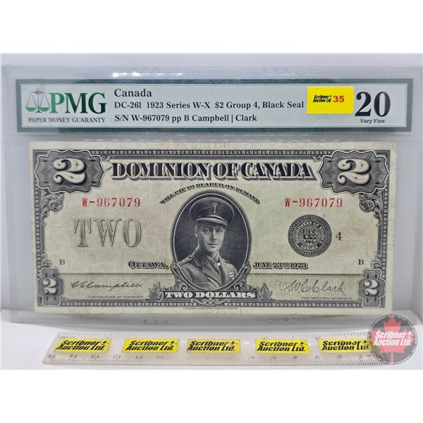 Dominion of Canada $2 Bill 1923 : "W-X" Series : Group 4 : Black Seal : Campbell/Clark #W-967079 (PM