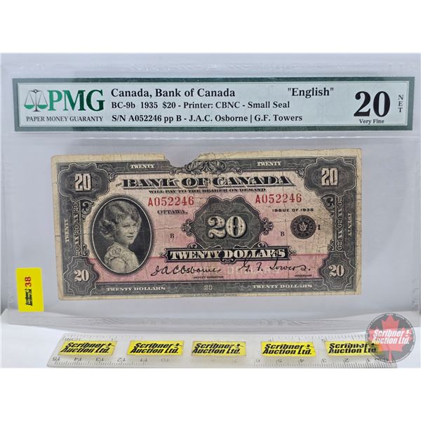 Bank of Canada $20 Bill 1935 "English" : Small Seal : Osborne/Towers #A052246 (PMG Certified : 20 Ve