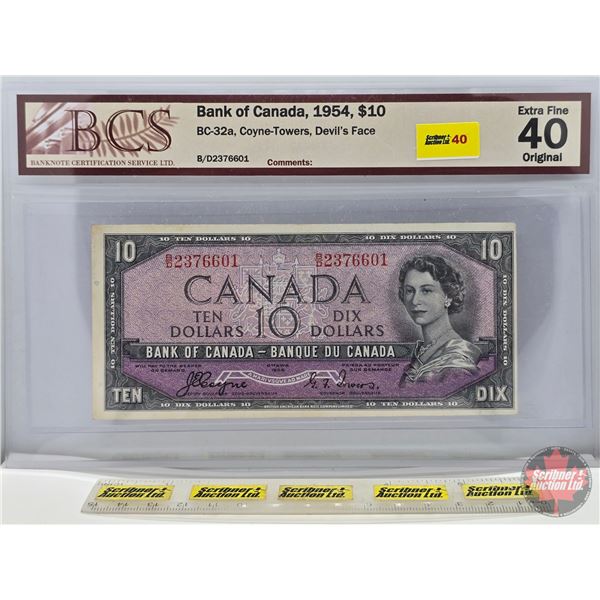 Canada $10 Bill 1954 "Devil's Face" : Coyne/Towers #BD2376601 (BCS Certified : Extra Fine 40 Origina