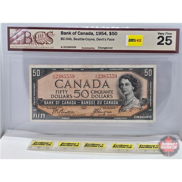 Canada $50 Bill 1954 "Devil's Face" : Beattie/Coyne #AH2385559 (BCS Certified : Very Fine 25) (See P