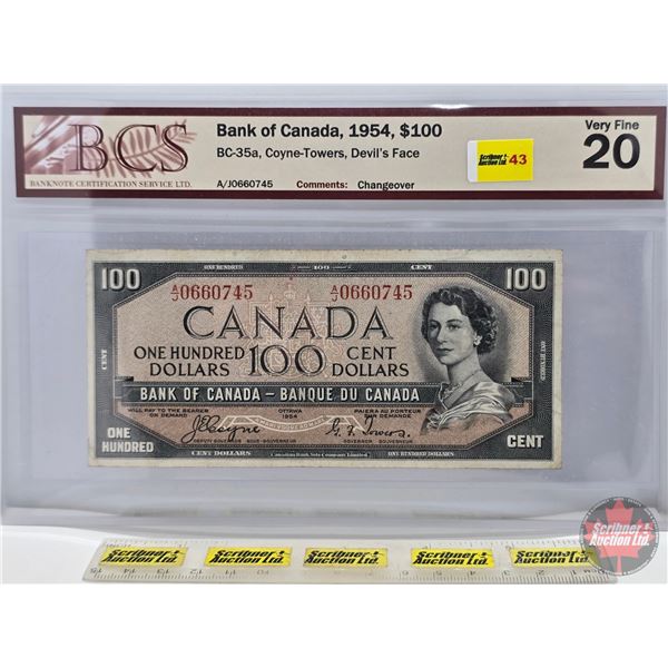 Canada $100 Bill 1954 "Devil's Face" : Coyne/Towers #AJ0660745 (BCS Certified : Very Fine 20) (See P