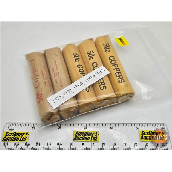 Canada One Cent Rolls (5) : 1938, 1939, 1940, 1941 & 1942 (250 Coins)