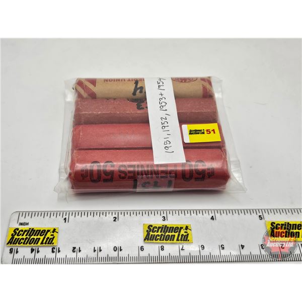 Canada One Cent Rolls (4) : 1951, 1952, 1953 & 1954 (200 Coins)