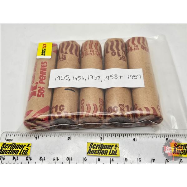 Canada One Cent Rolls (5) : 1955, 1956, 1957, 1958 & 1959 (250 Coins)