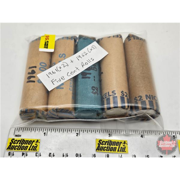 Canada Five Cent Rolls (5) : 1961 , 1962 (200 Coins)