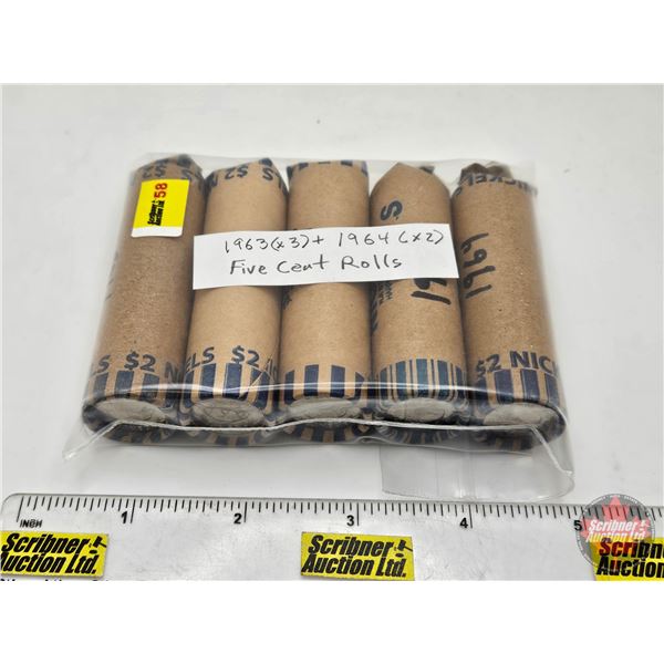 Canada Five Cent Rolls (5) : 1963 , 1964 (200 Coins)