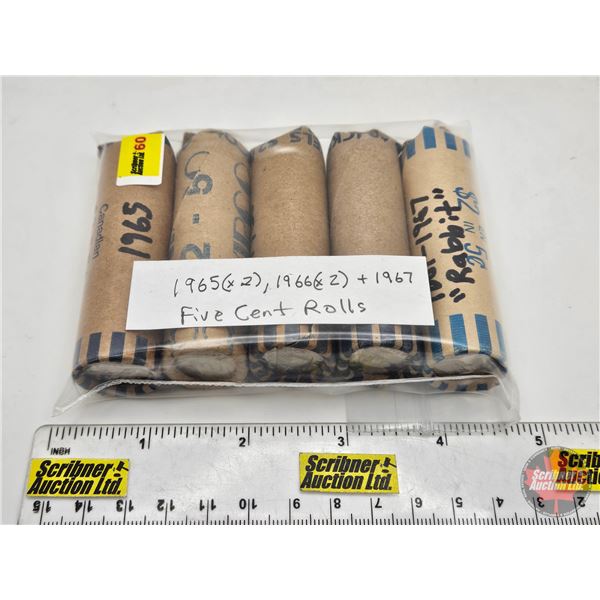 Canada Five Cent Rolls (5) : 1965 , 1966 , 1967 (200 Coins)