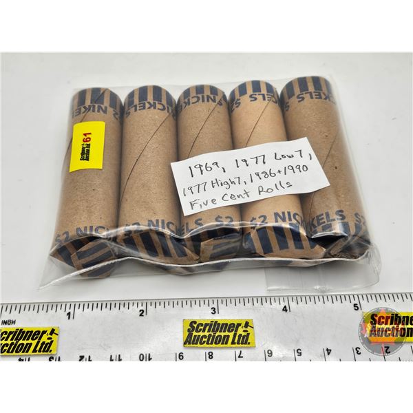 Canada Five Cent Rolls (5) : 1969, 1977 Low 7, 1977 High 7, 1986 & 1990 (200 Coins)