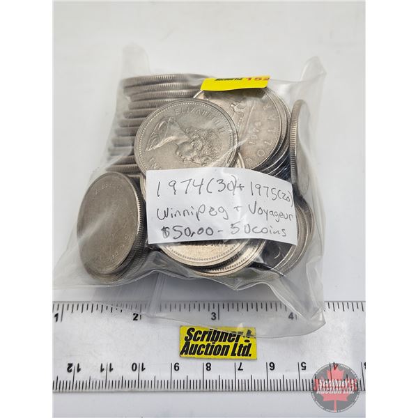 Canada One Dollar 1974 & 1975 Winnipeg & Voyageur (50 Coins) (Bag)