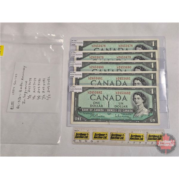 Canada $1 Bills 1954 (5 Sequential) : Beattie/Rasminsky #LZ2453478-79-80-81-82