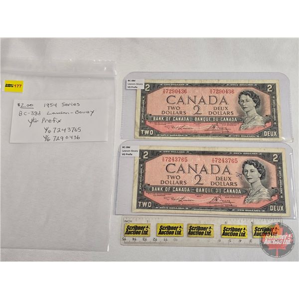 Canada $2 Bills 1954 (2): - Lawson/Bouey #VG7290436 - Lawson/Bouey #VG7243765