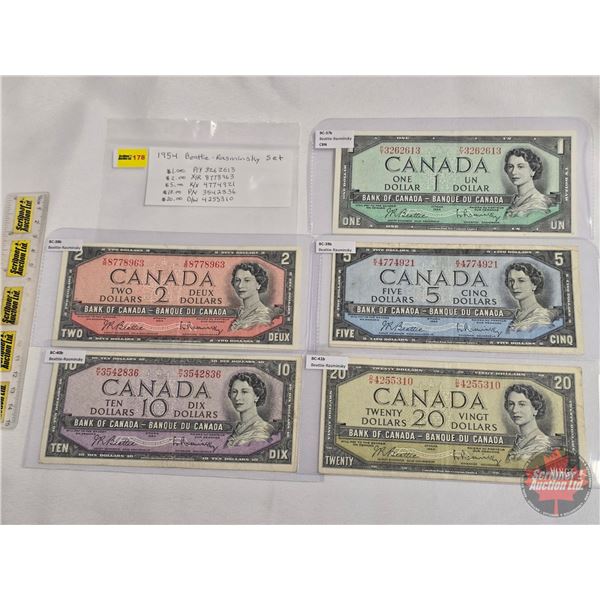 Canada Bills 1954 (5) : - $20 Bill : Beattie/Rasminsky #DW4255310 - $10 Bill : Beattie/Rasminsky #PV