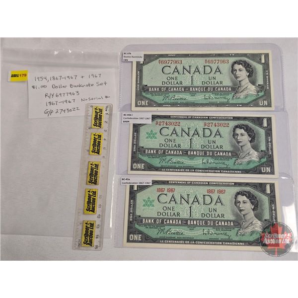 Canada $1 Bills (3): - 1954 Beattie/Rasminsky #RY6977963 - 1967 Beattie/Rasminsky #GP2743022 - 1967 