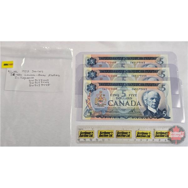 Canada $5 Bills 1972 (3 Sequential) : Lawson/Bouey #SW5173443-444-445