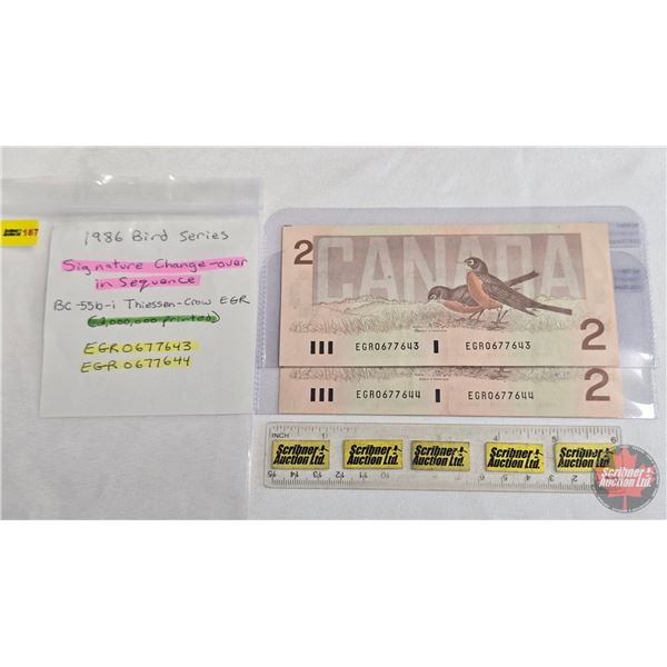 Canada $2 Bills 1986 (2 Sequential) : Thiessen/Crow #EGR0677643-644
