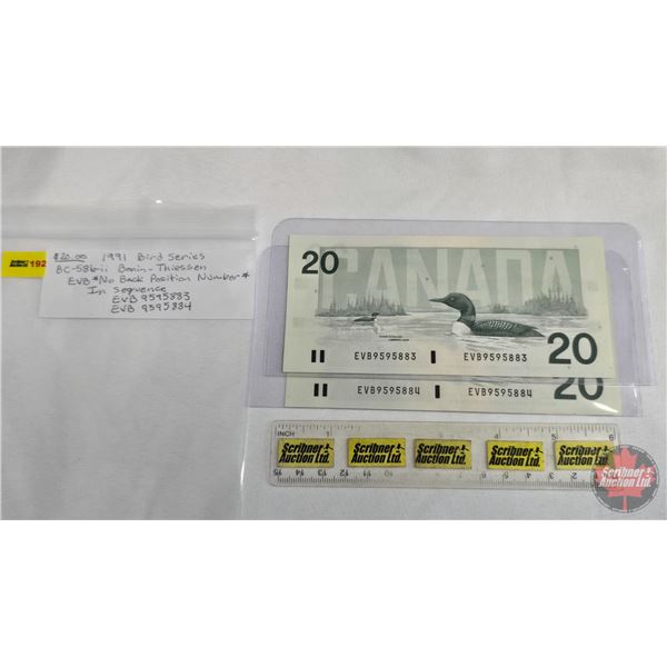Canada $20 Bills 1991 (2 Sequential) : Bonin/Thiessen (No BPN) #EVB9595883-884