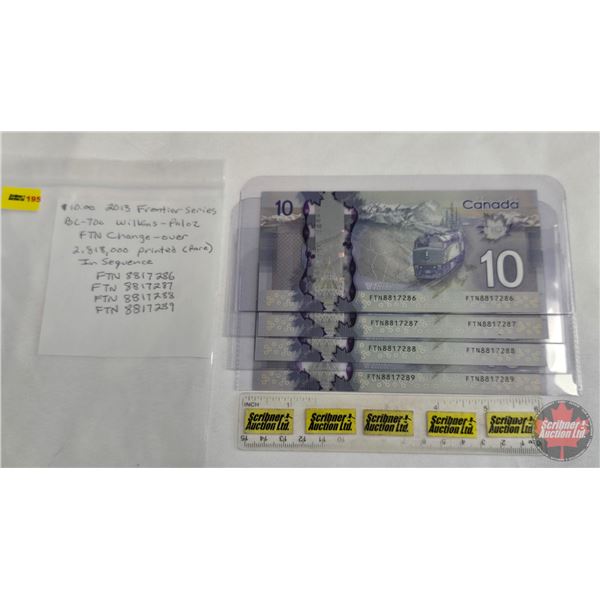 Canada $10 Bills 2013 (4 Sequential) : Wilkins/Poloz #FTN8817286-287-288-289