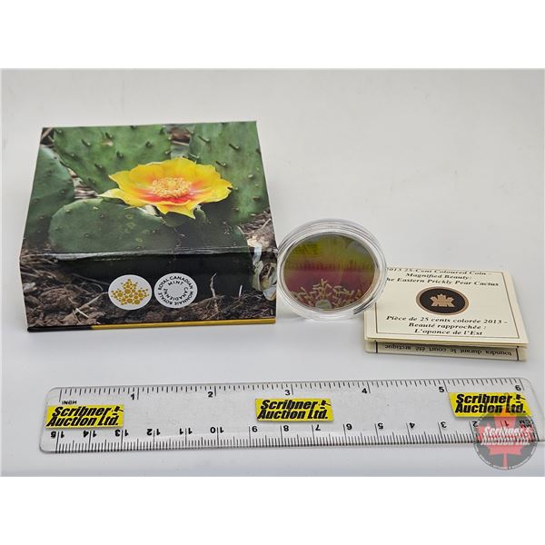 RCM 2013 Twenty Five Cent : Magnified Beauty : The Eastern Prickly Pear Cactus (Coloured Coin) (COA 