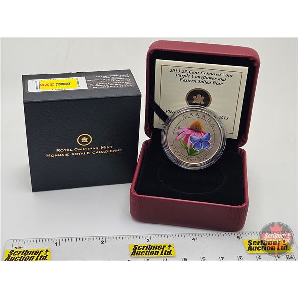 RCM 2013 Twenty Five Cent : Purple Coneflower and Eastern Tailed Blue (Coloured Coin) (COA #0679)