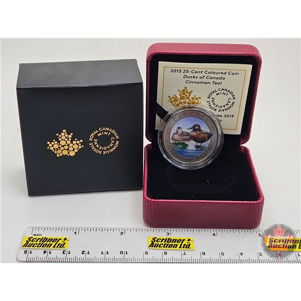 RCM 2015 Twenty Five Cent : Ducks of Canada : Cinnamon Teal (Coloured Coin) (COA #1174)