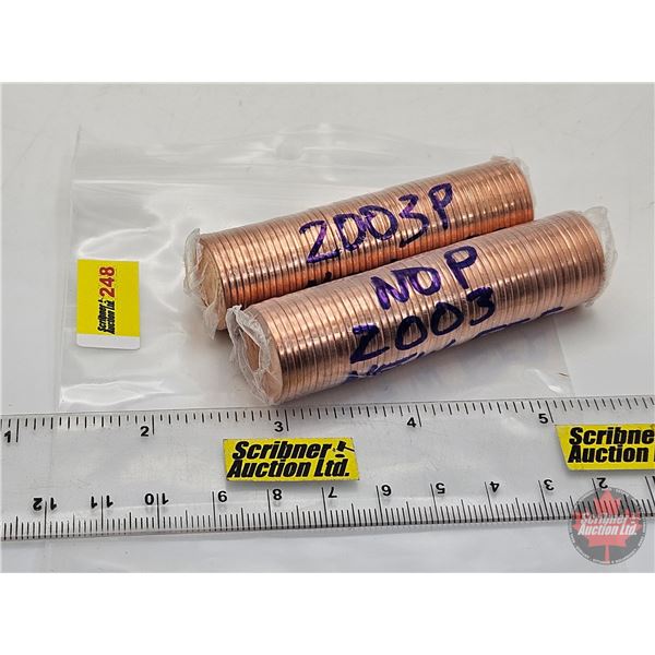 Canada One Cent Rolls (2) New Effigy : 2003P (Magnetic) & 2003 No P (Non-Magnetic) (Original Rolls)