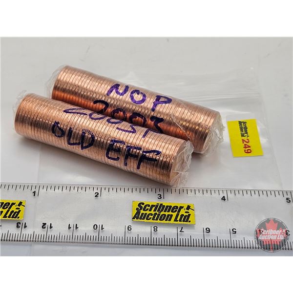 Canada One Cent Rolls (2) Old Effigy : 2003P (Magnetic) & 2003 No P (Non-Magnetic) (Original Rolls)