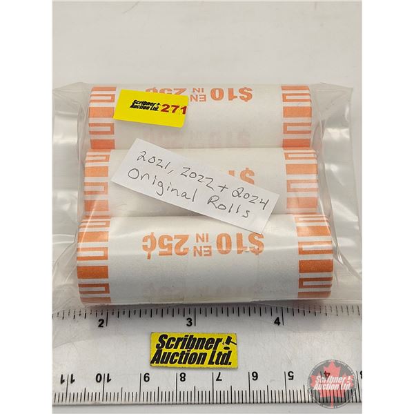 Canada Twenty Five Cent Rolls (3) : 2021 ; 2022 ; 2024 (Original Rolls)