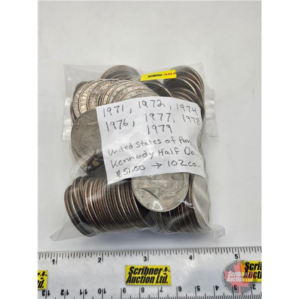 USA Half Dollars (100 + Coins) : 1971, 1972, 1974, 1976, 1977, 1978, 1979 (Bag)