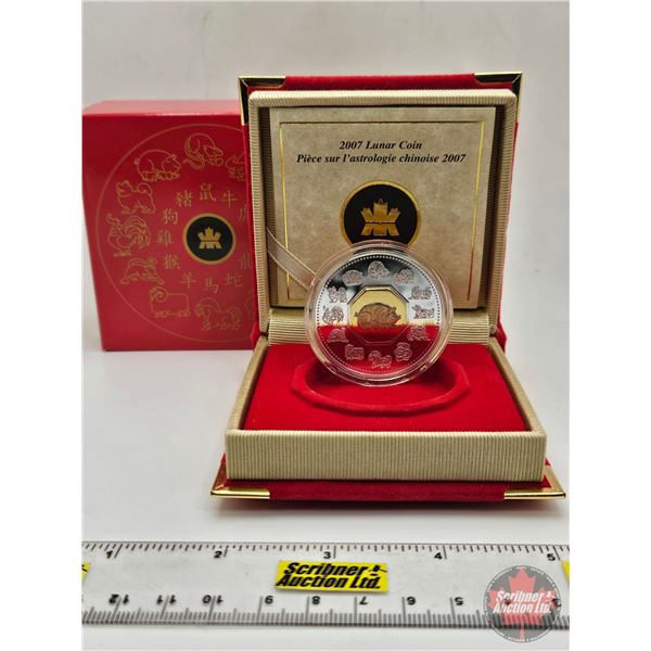 RCM Canada 2007 $15 Lunar Coin : Pig (COA #27168) (Sterling) (Central Octagonal Cameo Plated in 24-k