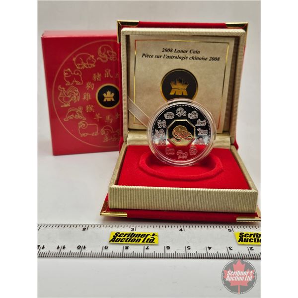 RCM Canada 2008 $15 Lunar Coin : Rat (COA #24176) (Sterling) (Central Octagonal Cameo Plated in 24-k