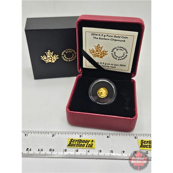 RCM Canada 2014 : 0.5g Pure Gold Coin : 25-Cent : The Eastern Chipmunk (COA #04456) (99.99%) (SEE PI