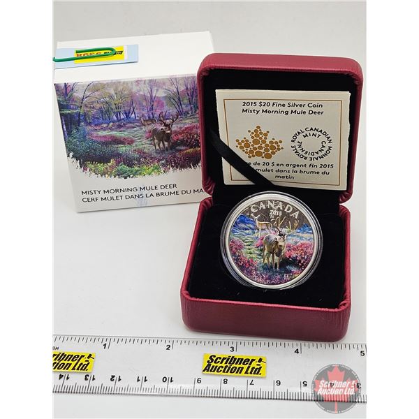RCM Canada 2015 : $20 Fine Silver Coin : Misty Morning Mule Deer (COA #3985) (99.99%) (SEE PICTURES!