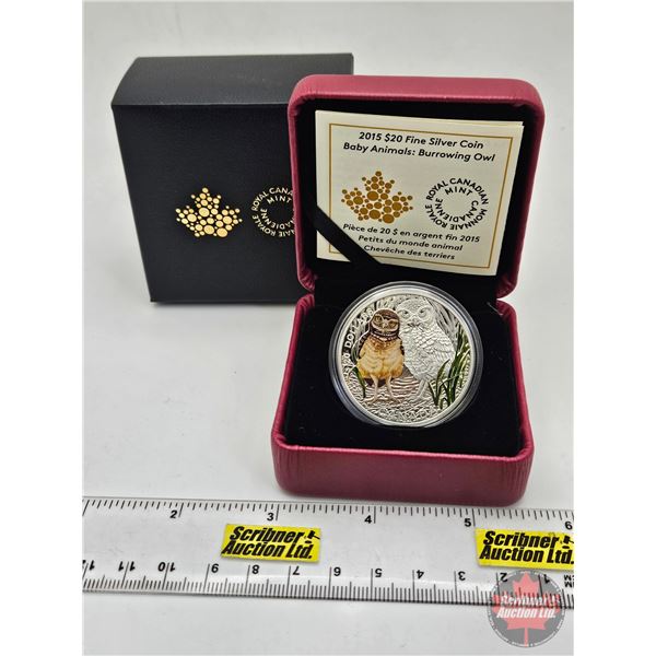 RCM Canada 2015 : $20 Fine Silver Coin : Baby Animals : Burrowing Owl (COA #4213) (99.99%) (SEE PICT