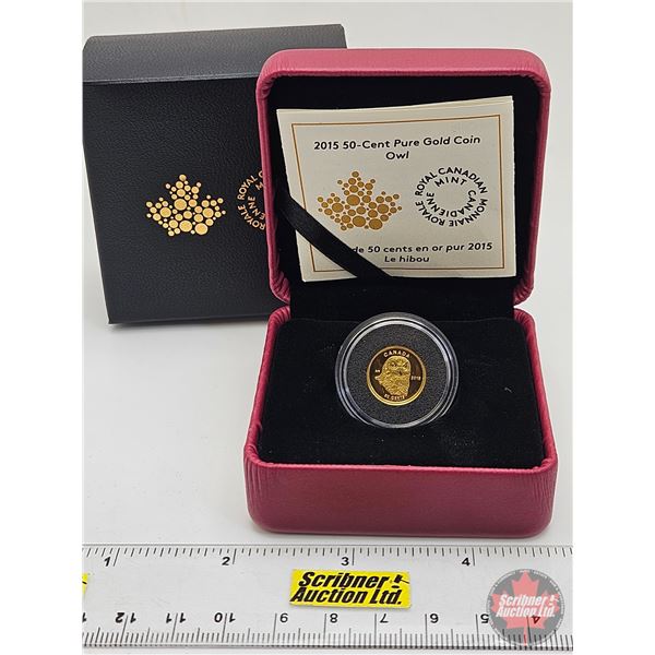 RCM Canada 2015 : 50-Cent Pure Gold Coin : Owl (COA #3128) (1.27 grams) (99.99%) (SEE PICTURES!) (GS