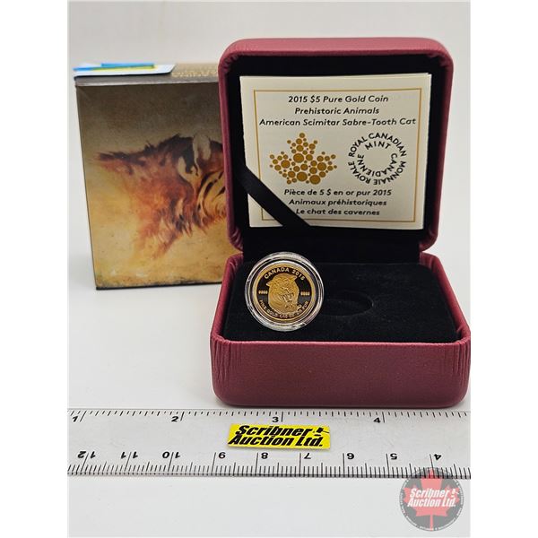 RCM Canada 2015 : $5 Pure Gold Coin : Prehistoric Animals : American Scimitar Sabre-Tooth Cat (COA #