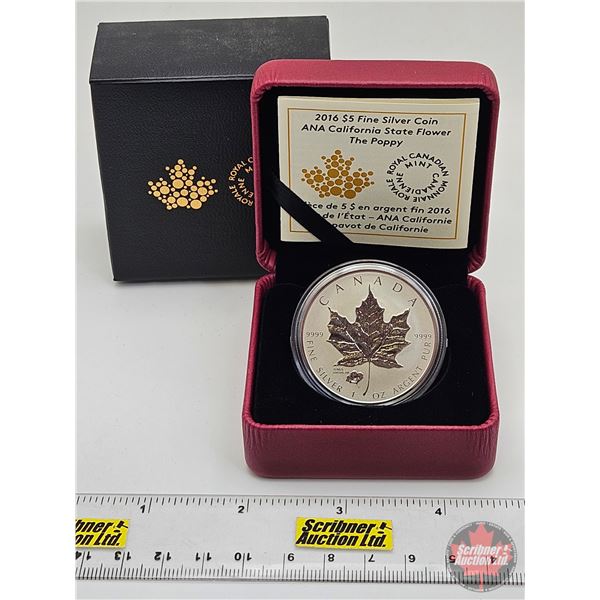 RCM Canada 2016 : Fine Silver Coin : ANA California State Flower : The Poppy (COA #4762) (99.99%) (S