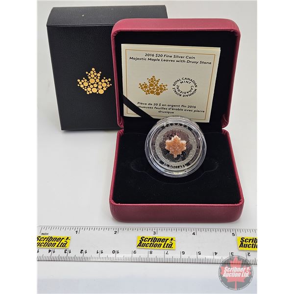 RCM Canada 2016 : $20 Fine Silver Coin : Majestic Maple Leaves with Drusy Stone (COA #2519) (99.99%)