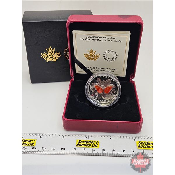 RCM Canada 2016 : $20 Fine Silver Coin : The Colorful Wings of a Butterfly (COA #0836) (99.99%) (SEE