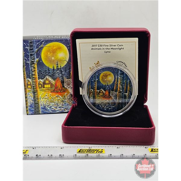 RCM Canada 2017 : $30 Fine Silver Coin : Animals in the Moonlight : Lynx (COA #1551) (99.99%) (SEE P