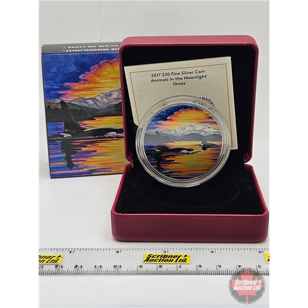 RCM Canada 2017 : $30 Fine Silver Coin : Animals in the Moonlight : Orcas (COA #3045) (99.99%) (SEE 