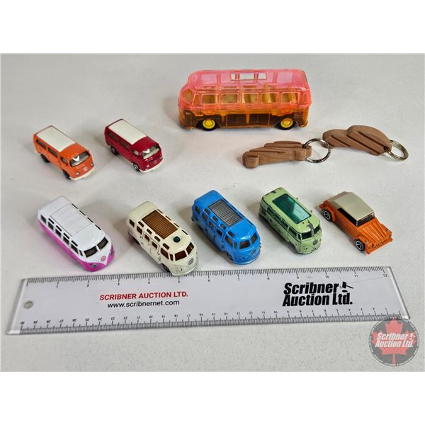 Variety of Volkswagen Toys (7) w/ Wood Key Chains & Toy Bus (7 are Scale 1:64)