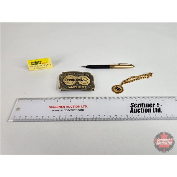 Sperry New Holland Promo Items (3) :  - Belt Buckle - Pen  - Bracelet