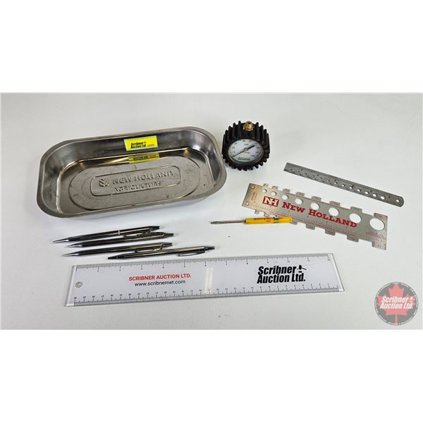 New Holland Magnetic Parts Tray w/  - (4) Pens - Thread Gauge - Tire Gauge - Ruler - Screwdriver