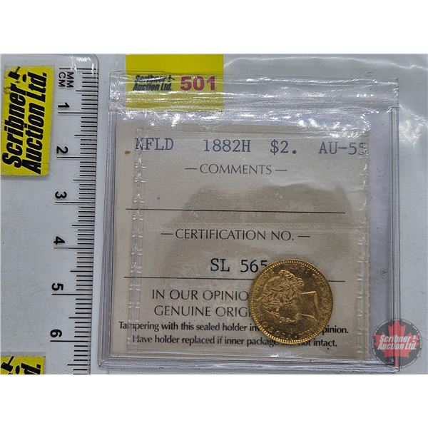 Newfoundland 1882H : $2 Gold Coin (ICCS Cert: AU-55) (Gold 91.7%) (3.33g) (SEE PICTURES!)  (Listing 