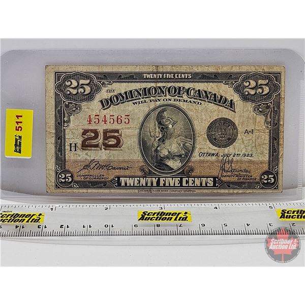 Dominion of Canada Twenty Five Cent 1923 "Shinplaster" : McCavour/Saunders #454565 (See Pictures for