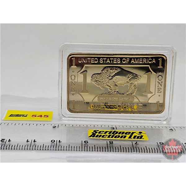 USA Buffalo Commemorative Limited Edition : 1 Troy Ounce .999 : 100 Mills Gold Clad Bullion Bar (SEE
